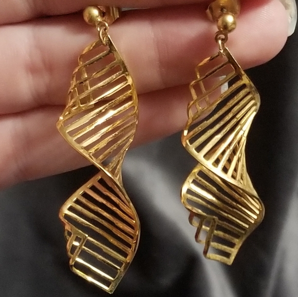 Yellow Gold Spiral Dangle Earrings - Picture 2 of 5
